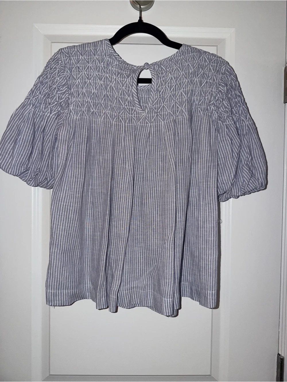 By Anthropologie Liza Puff-Sleeve - Blue/White Smocked Linen Top
